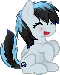 Size: 736x915 | Tagged: safe, artist:sketchy brush, artist:spiralshockwave, oc, oc only, oc:sentoki, pegasus, pony, black mane, blue fur, blue mane, blushing, cute, female, filly, highlights, simple background, smiling, solo, transparent background, vector, vector trace