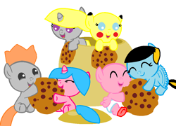 Size: 972x700 | Tagged: safe, artist:yuseifudo1000, oc, pikachu, babies, casey atlas, cookie, crow hogan, jack's sister, jar, kirby, pokémon, ponified, shiela, starlight fudo, yu-gi-oh!, yu-gi-oh! 5d's, yusei's sister