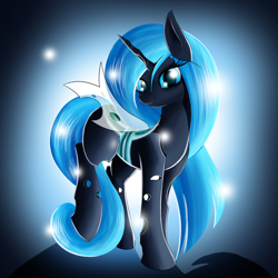 Size: 3000x3000 | Tagged: safe, artist:twiren, oc, oc only, oc:rescue pony, changeling, changeling queen, blue changeling, changeling queen oc, commission, female, looking at you, raised hoof, solo