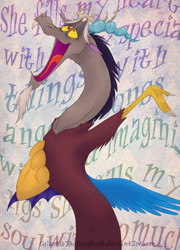 Size: 576x800 | Tagged: safe, artist:celestiathegreatest, discord, andy williams, love story, singing, solo, song reference, where do i begin