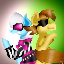 Size: 506x506 | Tagged: safe, artist:mistressfabulous, photo finish, oc, oc:mandopony, duo, picture perfect pony