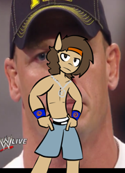 Size: 602x838 | Tagged: safe, artist:asktenderlove, oc, oc only, oc:cinnamon buns, anthro, bare chest, clothes, cosplay, john cena, potato salad, solo, topless, wrestling