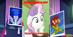 Size: 693x355 | Tagged: safe, screencap, soarin', sweetie belle, pony, castle sweet castle, exploitable meme, image macro, meme, poster, sudden clarity sweetie belle, unnamed pony, wonderbolts poster