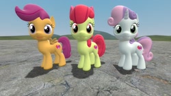 Size: 1280x720 | Tagged: safe, artist:aeridiccore, artist:dasprid, apple bloom, scootaloo, sweetie belle, earth pony, pegasus, pony, unicorn, crusaders of the lost mark, 3d, bow, cutie mark crusaders, female, filly, gmod, hair bow, sfm pony, the cmc's cutie marks