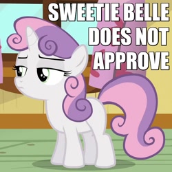 Size: 600x600 | Tagged: safe, screencap, sweetie belle, bloom and gloom, caption, disapproval, image macro, reaction image, solo, unamused