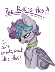 Size: 616x800 | Tagged: safe, artist:hippykat13, oc, oc only, oc:kitty sweet, pegasus, pony, chest fluff, collar, dialogue, freckles, pixie cut, ponysona, short mane, sneaky sneak, solo, vulgar