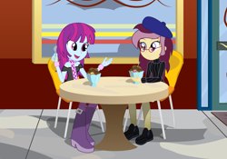 Size: 3000x2099 | Tagged: safe, artist:amante56, mystery mint, oc, oc:lannie lona, equestria girls, background human, beatnik, beret, cafe, clothes, ice cream, rocker, scarf, sweater, turtleneck