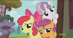 Size: 1920x1023 | Tagged: safe, screencap, apple bloom, scootaloo, sweetie belle, crusaders of the lost mark, cutie mark crusaders, peeking, sad