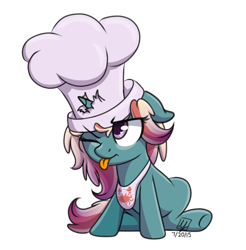 Size: 800x813 | Tagged: safe, artist:spacechickennerd, oc, oc only, oc:splash savior, pony, unicorn, :p, annoyed, chef's hat, cute, female, filly, floppy ears, frown, hat, horn impalement, simple background, solo, tongue out, transparent background, underhoof, wink