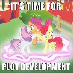 Size: 500x500 | Tagged: safe, screencap, apple bloom, scootaloo, sweetie belle, crusaders of the lost mark, cutie mark crusaders, glow, meme, plot, plot development, pun