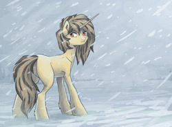 Size: 1475x1083 | Tagged: safe, artist:koviry, oc, oc only, oc:sandy vain, pony, unicorn, snow, snowfall, solo