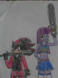 Size: 768x1024 | Tagged: safe, artist:brandonale, clothes, cosplay, costume, crossover, dante, devil may cry, juliet starling, lollipop chainsaw, shadow the hedgehog, shadtwi, sonic the hedgehog (series), traditional art, voice actor joke