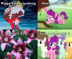 Size: 922x762 | Tagged: safe, lily longsocks, liza doolots, mango dash, petunia, super funk, tootsie flute, earth pony, pegasus, pony, unicorn, crusaders of the lost mark, background pony, colt, comparison, female, filly, male, name proposal, name suggestions, pippi longstocking, raised hoof, super strength