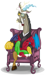 Size: 1425x2350 | Tagged: safe, artist:konekokisses, discord, armchair, bubble pipe, chair, like a sir, looking at you, simple background, sir discord, solo