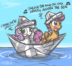 Size: 2656x2454 | Tagged: safe, artist:flutterthrash, scootaloo, sweetie belle, cutie mark, dialogue, hat, iron maiden, newbie artist training grounds, ocean, paper boat, paper hat, powerslave (album), rime of the ancient mariner, singing, song reference, the cmc's cutie marks