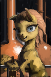 Size: 609x907 | Tagged: safe, artist:someschmoe, oc, oc only, oc:drizzle spark, alcohol, bipedal leaning, brewery, distillery, flockmod, looking at you, smiling