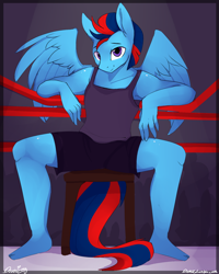 Size: 1200x1500 | Tagged: safe, artist:php41, derpibooru exclusive, oc, oc only, oc:andrew swiftwing, anthro, pegasus, plantigrade anthro, barefoot, feet, looking at you, male, ropes, sitting, solo, stallion, stool