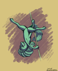 Size: 1692x2076 | Tagged: safe, artist:flyingram, earth pony, pony, female, flexible, limited palette, mare, pole dancing, signature, sketch, upside down