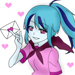 Size: 900x900 | Tagged: safe, artist:theodrawsforyou, sonata dusk, equestria girls, blushing, heart, letter, solo, yandere simulator