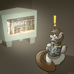 Size: 1280x1280 | Tagged: safe, artist:whitepone, oc, oc only, oc:littlepip, pony, unicorn, fallout equestria, clothes, crossover, exclamation point, fallout, fallout 4, fanfic, fanfic art, female, mare, solo, television, vault suit