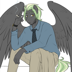 Size: 665x664 | Tagged: safe, artist:askbubblelee, oc, oc only, oc:smokescreen, anthro, pegasus, smoking, solo