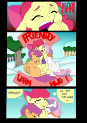 Size: 1024x1447 | Tagged: safe, artist:jeremy3, apple bloom, scootaloo, sweetie belle, pony, comic:quest for apple bloom, clothes, comic, cutie mark crusaders, dialogue, eyeroll, hug, scarf, snow, winter
