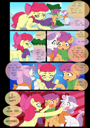 Size: 1024x1447 | Tagged: safe, artist:jeremy3, apple bloom, scootaloo, sweetie belle, pony, comic:quest for apple bloom, apple bloom is not amused, clothes, comic, cross-popping veins, crying, cutie mark crusaders, dialogue, fed up, hoof in mouth, scarf, shivering, sick, snow, sweat, sweetiedumb, winter