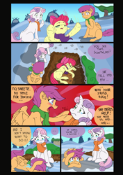 Size: 1600x2262 | Tagged: safe, artist:jeremy3, apple bloom, scootaloo, sweetie belle, pony, comic:quest for apple bloom, clothes, comic, crying, cutie mark crusaders, dialogue, faint, grave, ocular gushers, scarf, sick, snow, sweat, twitching, winter, yamcha's death pose