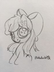 Size: 960x1280 | Tagged: safe, artist:bobdude0, apple bloom, cute, looking at you, monochrome, sitting, sketch, smiling, solo, traditional art
