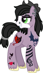 Size: 528x884 | Tagged: safe, artist:starryoak, oc, oc only, oc:pushing daisies, bat, clothes, ear piercing, eyebrow piercing, hat, heart, nose piercing, offspring, parent:2011 special edition pony, parent:trouble shoes, piercing, simple background, solo, tattoo, tattoo artist, transparent background, unshorn fetlocks