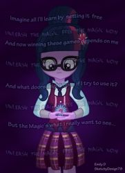 Size: 2500x3462 | Tagged: safe, artist:sketchydesign78, sci-twi, twilight sparkle, equestria girls, friendship games, dark, lyrics, magic capture device, solo, text, unleash the magic