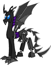 Size: 474x609 | Tagged: safe, artist:rexlupin, oc, oc only, oc:mechanic, changeling, cyborg, artificial wings, augmented, augmented tail, donut steel, half changeling, mechanical wing, prosthetics, purple changeling, solo, stealth pun, wings