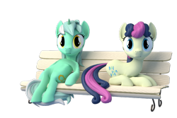 Size: 712x475 | Tagged: safe, artist:3d thread, bon bon, lyra heartstrings, sweetie drops, /mlp/, 3d, 3d model, bench, blender, sitting, sitting lyra