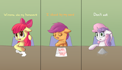 Size: 1889x1080 | Tagged: safe, artist:vanillaghosties, apple bloom, scootaloo, sweetie belle, earth pony, pegasus, pony, unicorn, chair, comic, cutie mark crusaders, dialogue, excuse, female, filly, floppy ears, homework, paper, sweetie fail