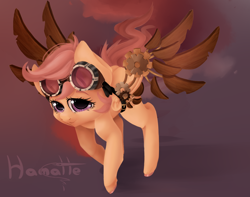 Size: 1372x1081 | Tagged: safe, artist:hamatte, scootaloo, artificial wings, augmented, goggles, mechanical wing, simple background, solo, steampunk, wings