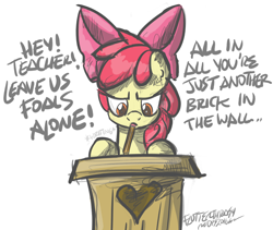 Size: 2652x2235 | Tagged: safe, artist:flutterthrash, apple bloom, another brick in the wall, dialogue, newbie artist training grounds, pink floyd, solo, song reference, the wall