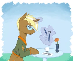 Size: 976x819 | Tagged: safe, artist:yeendip, trenderhoof, flower, napkin, notepad, pen, skunk stripe, solo, spoon, tea, vase