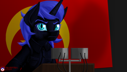 Size: 1920x1080 | Tagged: safe, artist:tsaritsaluna, nightmare moon, alicorn, pony, alternate hairstyle, clothes, flag, josef stalin, nagt, newbie artist training grounds, podium, ponified, russia, solo, soviet, soviet union, uniform