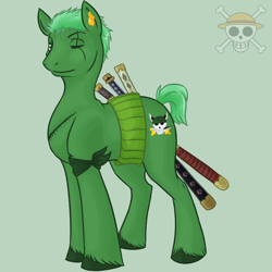 Size: 900x900 | Tagged: safe, artist:puppet-rhymes, bandana, earring, katana, one piece, piercing, ponified, roronoa zoro, sash, scar, solo, sword, weapon