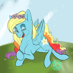 Size: 2000x2000 | Tagged: safe, artist:farewelldecency, oc, oc only, oc:rainbow sunset aurora, offspring, parent:rainbow dash, parent:soarin', parents:soarindash, solo