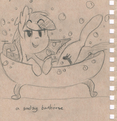 Size: 1853x1914 | Tagged: safe, artist:flowbish, oc, oc only, oc:inky, bat pony, pony, bath, bathing, bathtub, bubble, claw foot bathtub, monochrome, pun, raised eyebrow, sketch, smiling, solo, suds, text, traditional art, visual pun