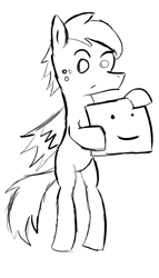 Size: 768x1344 | Tagged: safe, artist:symphonydawn3, oc, oc only, oc:jarva spinix, pegasus, pony, confused, freckles, hoof hold, male, monochrome, paper, sign, sketch, smiling, solo, stallion, wide eyes