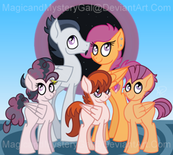 Size: 1000x896 | Tagged: safe, artist:magicandmysterygal, rumble, scootaloo, oc, oc:melon crush, oc:rose fire, oc:windy whirl, crusaders of the lost mark, cutie mark, ear piercing, family, female, goatee, male, offspring, older, parent:rumble, parent:scootaloo, parents:rumbloo, piercing, rumbloo, shipping, straight, the cmc's cutie marks