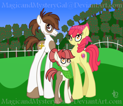 Size: 1000x860 | Tagged: safe, artist:magicandmysterygal, apple bloom, pipsqueak, oc, oc:little seed, crusaders of the lost mark, alternate hairstyle, bandana, chin fluff, cutie mark, family, female, freckles, handkerchief, impossibly long legs, male, offspring, older, parent:apple bloom, parent:pipsqueak, parents:pipbloom, pipbloom, shipping, straight, the cmc's cutie marks