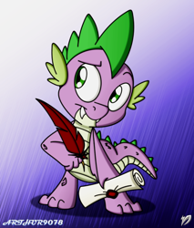 Size: 680x800 | Tagged: safe, artist:arthur9078, artist:dfectivedvice, spike, dragon, baby, baby dragon, colored, cute, fangs, feather, green eyes, letter, male, quill, raised eyebrow, scroll, signature, solo, spikabetes