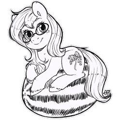 Size: 897x897 | Tagged: safe, artist:inkie-heart, oc, oc only, oc:sweetgrass, freckles, gardening, glasses, monochrome, smiling, solo, watermelon