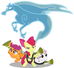 Size: 1042x952 | Tagged: safe, artist:seahawk270, apple bloom, scootaloo, sweetie belle, earth pony, pegasus, pony, unicorn, windigo, bloom and gloom, cutie mark crusaders, female, filly, ghostbusters, pest control gear, scared, simple background, this will end in tears and/or death and/or covered in tree sap, transparent background, twitbuster apple bloom, vector