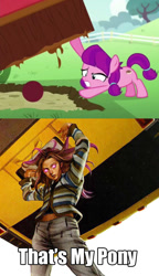 Size: 575x1000 | Tagged: safe, lily longsocks, crusaders of the lost mark, background pony, ball, comparison, marvel, meme, molly hayes, runaways, super strength, that's my pony, that's my x