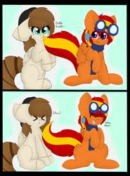 Size: 2000x2700 | Tagged: safe, artist:techtalkpony, oc, oc only, oc:jessiie, oc:tech talk, clothes, goggles, hat, scarf, sneezing, tickling