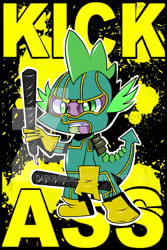 Size: 1600x2400 | Tagged: safe, artist:darkmirroremo23, spike, dragon, clothes, costume, deviantart watermark, eskrima sticks, kick-ass, movie poster, obtrusive watermark, solo, superhero, watermark